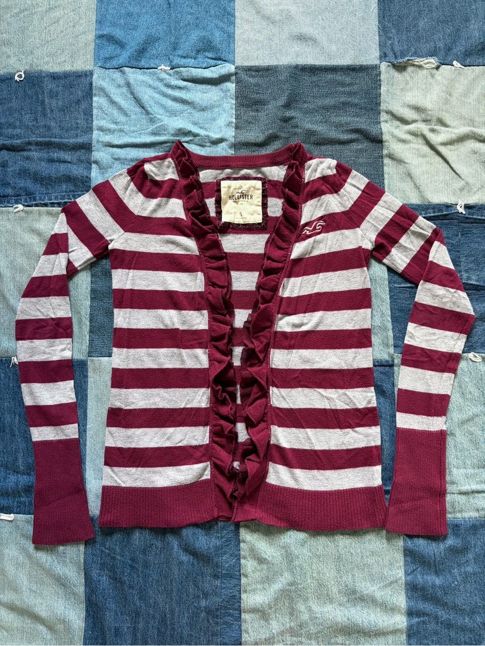 Y2K Hollister Striped Knit Ruffle Cardigan Red Maroon & Grey Vintage Size S